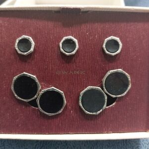 Swank Vintage Cuff Links and Button Set, Onyx Settings, Silvertone